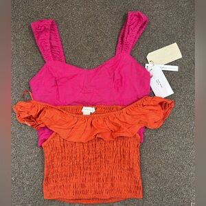 Two-Piece Women's Crop Top Set - Hot Pink & Orange